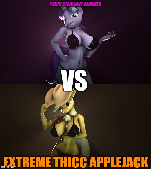 Thicc Starlight VS Extreme Thicc Applejack | THICC STARLIGHT GLIMMER; VS; EXTREME THICC APPLEJACK | image tagged in starlight glimmer,applejack,mlp fim,sfm,anthro,thicc | made w/ Imgflip meme maker