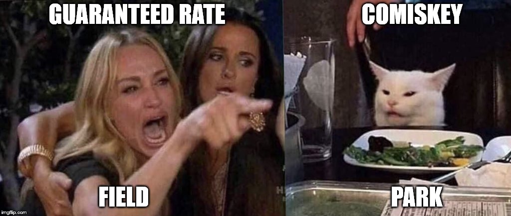 woman yelling at cat | GUARANTEED RATE                               COMISKEY; FIELD                                                       PARK | image tagged in woman yelling at cat | made w/ Imgflip meme maker