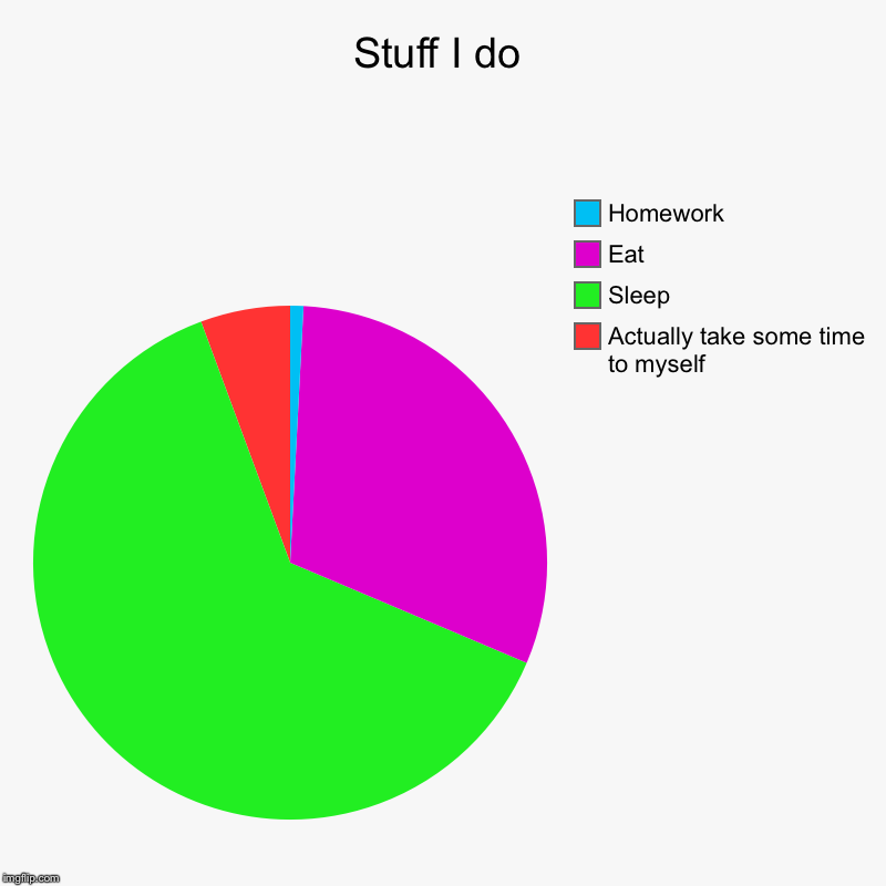 Stuff I do | Actually take some time to myself, Sleep, Eat, Homework | image tagged in charts,pie charts | made w/ Imgflip chart maker