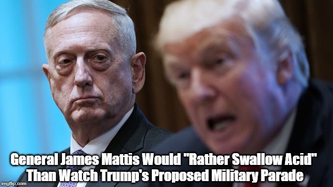 General James Mattis Would "Rather Swallow Acid" Than... | General James Mattis Would "Rather Swallow Acid" 
Than Watch Trump's Proposed Military Parade | image tagged in general james mattis,mad dog,trump | made w/ Imgflip meme maker