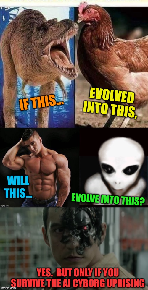 Aliens R Us? | EVOLVED INTO THIS, IF THIS... WILL THIS... EVOLVE INTO THIS? YES.  BUT ONLY IF YOU SURVIVE THE AI CYBORG UPRISING | image tagged in human,alien,cyborg,evolution,artificial intelligence,in the future | made w/ Imgflip meme maker