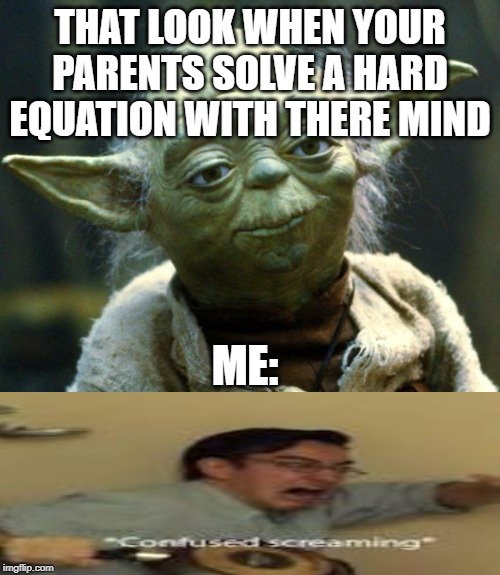Star Wars Yoda Meme | THAT LOOK WHEN YOUR PARENTS SOLVE A HARD EQUATION WITH THERE MIND; ME: | image tagged in memes,star wars yoda | made w/ Imgflip meme maker