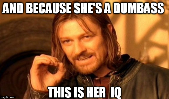 One Does Not Simply Meme | AND BECAUSE SHE'S A DUMBASS THIS IS HER  IQ | image tagged in memes,one does not simply | made w/ Imgflip meme maker