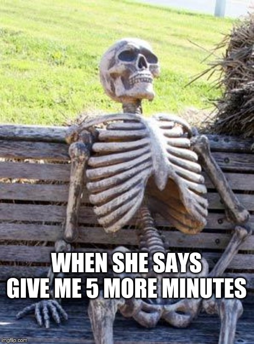 Waiting Skeleton Meme | WHEN SHE SAYS GIVE ME 5 MORE MINUTES | image tagged in memes,waiting skeleton | made w/ Imgflip meme maker