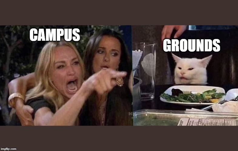 woman yelling at cat | CAMPUS; GROUNDS | image tagged in woman yelling at cat | made w/ Imgflip meme maker