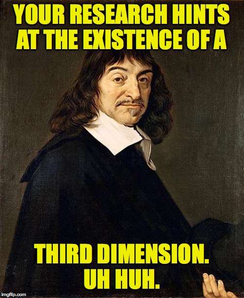 Rene Descartes | YOUR RESEARCH HINTS AT THE EXISTENCE OF A THIRD DIMENSION.
UH HUH. | image tagged in rene descartes | made w/ Imgflip meme maker