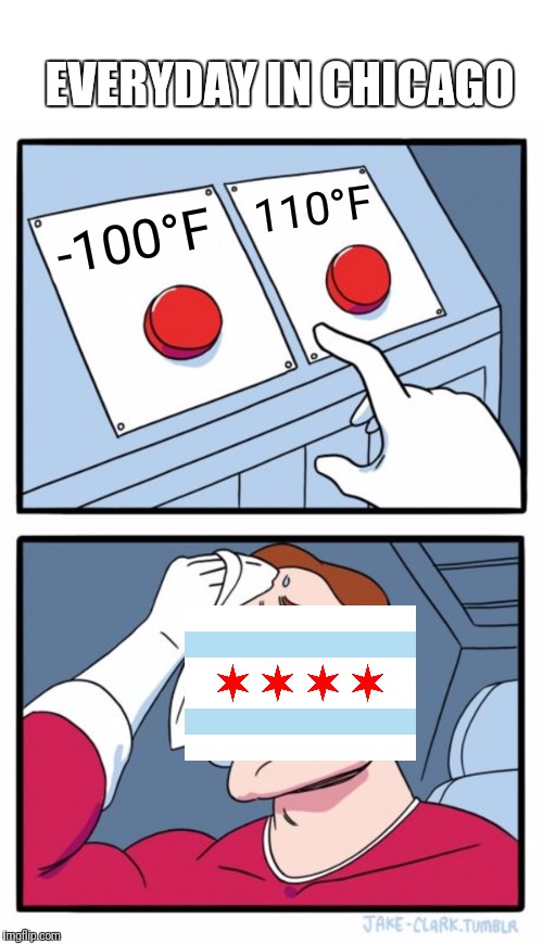 Two Buttons Meme | EVERYDAY IN CHICAGO; 110°F; -100°F | image tagged in memes,two buttons | made w/ Imgflip meme maker