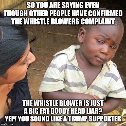 Third World Skeptical Kid | SO YOU ARE SAYING EVEN THOUGH OTHER PEOPLE HAVE CONFIRMED THE WHISTLE BLOWERS COMPLAINT; THE WHISTLE BLOWER IS JUST A BIG FAT DOODY HEAD LIAR? YEP! YOU SOUND LIKE A TRUMP SUPPORTER | image tagged in memes,third world skeptical kid | made w/ Imgflip meme maker