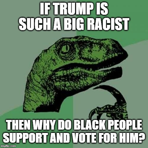 Good Question | IF TRUMP IS SUCH A BIG RACIST; THEN WHY DO BLACK PEOPLE SUPPORT AND VOTE FOR HIM? | image tagged in memes,philosoraptor | made w/ Imgflip meme maker