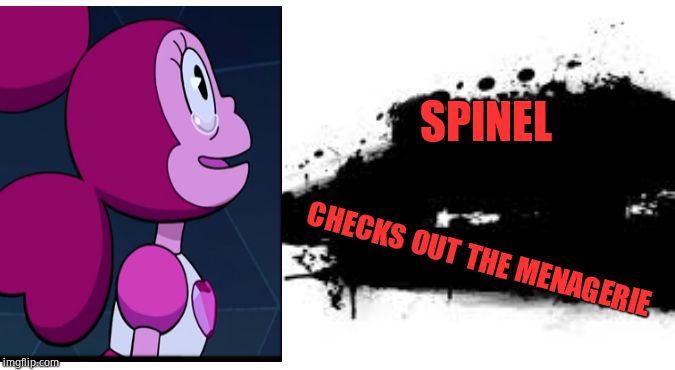 Super Smash Bros. SPLASH CARD | SPINEL; CHECKS OUT THE MENAGERIE | image tagged in super smash bros splash card | made w/ Imgflip meme maker