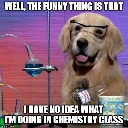 I Have No Idea What I Am Doing Dog Meme | WELL, THE FUNNY THING IS THAT I HAVE NO IDEA WHAT I'M DOING IN CHEMISTRY CLASS | image tagged in memes,i have no idea what i am doing dog | made w/ Imgflip meme maker