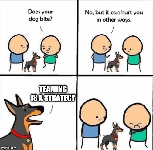 does your dog bite | TEAMING IS A STRATEGY | image tagged in does your dog bite | made w/ Imgflip meme maker