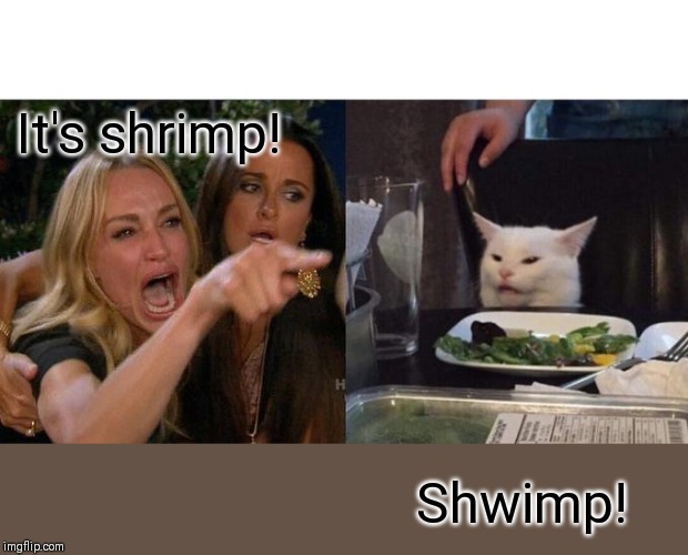 Woman Yelling At Cat Meme | It's shrimp! Shwimp! | image tagged in memes,woman yelling at cat | made w/ Imgflip meme maker