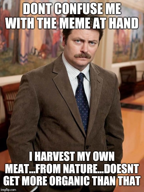 ron swanson | DONT CONFUSE ME WITH THE MEME AT HAND I HARVEST MY OWN MEAT...FROM NATURE...DOESNT GET MORE ORGANIC THAN THAT | image tagged in ron swanson | made w/ Imgflip meme maker