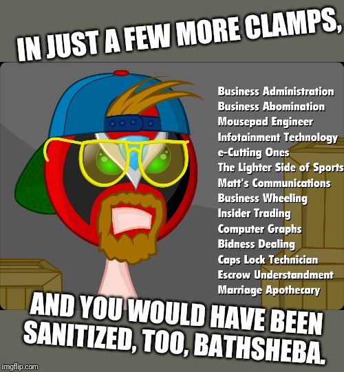 IN JUST A FEW MORE CLAMPS, AND YOU WOULD HAVE BEEN SANITIZED, TOO, BATHSHEBA. | made w/ Imgflip meme maker