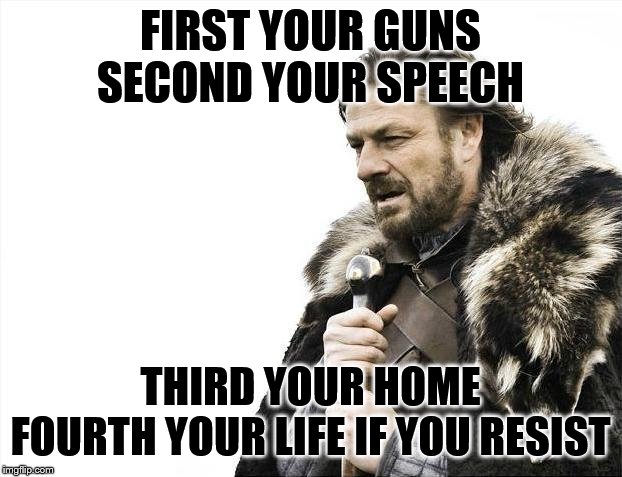Prepare Yourself, Know it is coming | FIRST YOUR GUNS
SECOND YOUR SPEECH; THIRD YOUR HOME
FOURTH YOUR LIFE IF YOU RESIST | image tagged in memes,brace yourselves x is coming,political meme | made w/ Imgflip meme maker