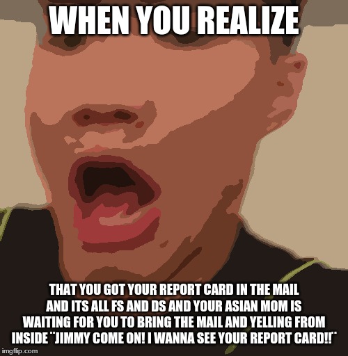 WHEN YOU REALIZE; THAT YOU GOT YOUR REPORT CARD IN THE MAIL AND ITS ALL FS AND DS AND YOUR ASIAN MOM IS WAITING FOR YOU TO BRING THE MAIL AND YELLING FROM INSIDE ¨JIMMY COME ON! I WANNA SEE YOUR REPORT CARD!!¨ | made w/ Imgflip meme maker