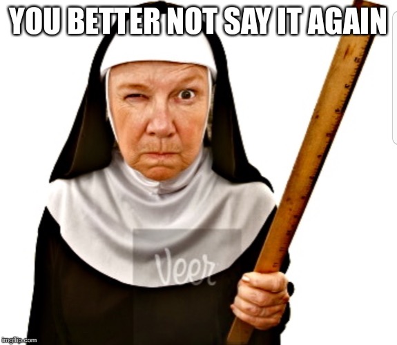 Nun with ruler | YOU BETTER NOT SAY IT AGAIN | image tagged in nun with ruler | made w/ Imgflip meme maker