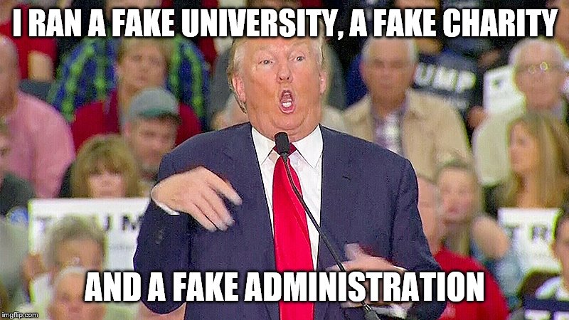 Trump Mocks Reporter | I RAN A FAKE UNIVERSITY, A FAKE CHARITY AND A FAKE ADMINISTRATION | image tagged in trump mocks reporter | made w/ Imgflip meme maker