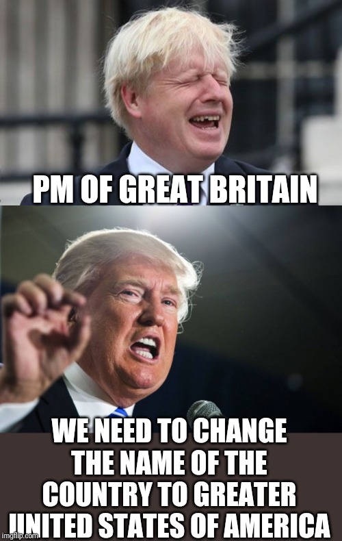 Just a joke people, don't wig out | PM OF GREAT BRITAIN; WE NEED TO CHANGE THE NAME OF THE COUNTRY TO GREATER UNITED STATES OF AMERICA | image tagged in boris johnson,donald trump,why is their hair,the same color | made w/ Imgflip meme maker