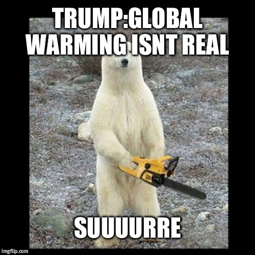 Chainsaw Bear Meme | TRUMP:GLOBAL WARMING ISNT REAL; SUUUURRE | image tagged in memes,chainsaw bear | made w/ Imgflip meme maker