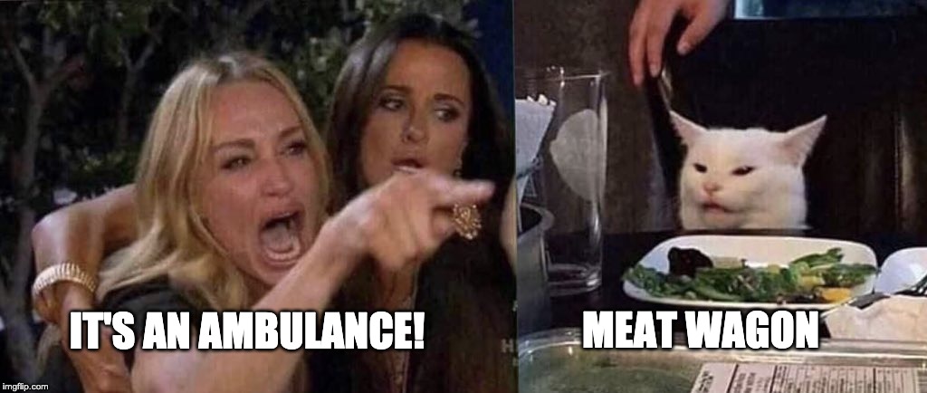 woman yelling at cat | MEAT WAGON; IT'S AN AMBULANCE! | image tagged in woman yelling at cat | made w/ Imgflip meme maker