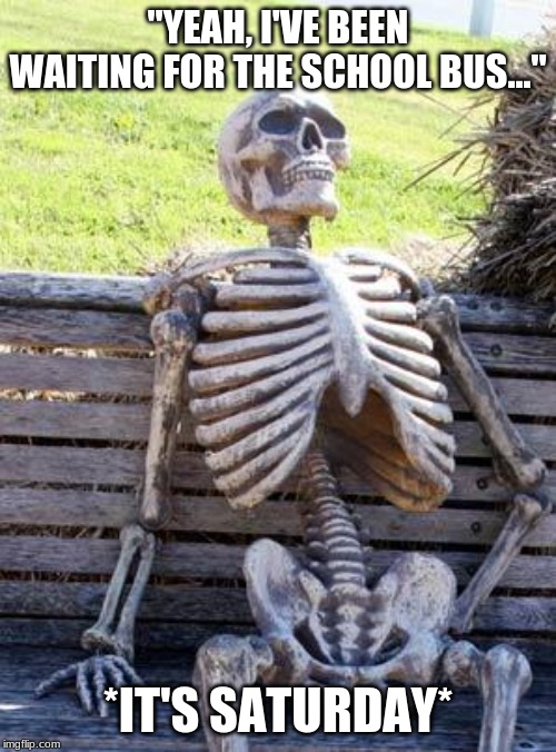 Waiting Skeleton | "YEAH, I'VE BEEN WAITING FOR THE SCHOOL BUS..."; *IT'S SATURDAY* | image tagged in memes,waiting skeleton | made w/ Imgflip meme maker