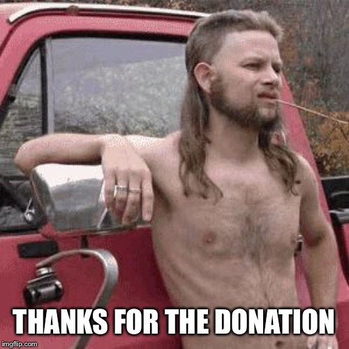 Shirtless Mullet Man | THANKS FOR THE DONATION | image tagged in shirtless mullet man | made w/ Imgflip meme maker