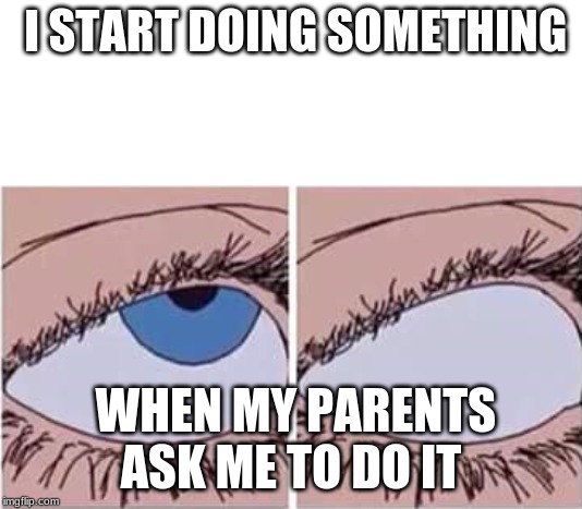 Eye roll | I START DOING SOMETHING; WHEN MY PARENTS ASK ME TO DO IT | image tagged in eye roll | made w/ Imgflip meme maker