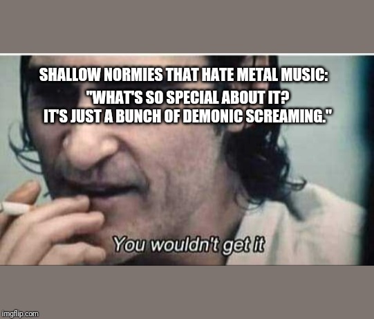 You wouldn't get it | SHALLOW NORMIES THAT HATE METAL MUSIC:; "WHAT'S SO SPECIAL ABOUT IT? IT'S JUST A BUNCH OF DEMONIC SCREAMING." | image tagged in you wouldn't get it | made w/ Imgflip meme maker