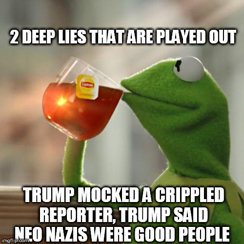 But That's None Of My Business Meme | 2 DEEP LIES THAT ARE PLAYED OUT; TRUMP MOCKED A CRIPPLED REPORTER, TRUMP SAID NEO NAZIS WERE GOOD PEOPLE | image tagged in memes,but thats none of my business,kermit the frog | made w/ Imgflip meme maker