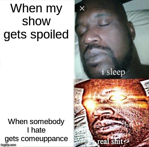 Sleeping Shaq | When my show gets spoiled; When somebody I hate gets comeuppance | image tagged in memes,sleeping shaq | made w/ Imgflip meme maker