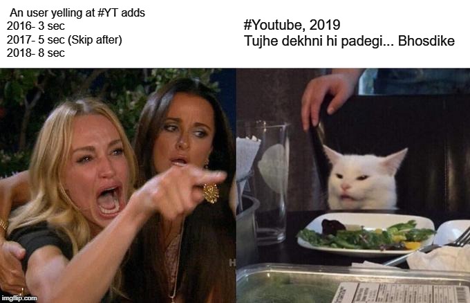 Woman Yelling At Cat Meme | An user yelling at #YT adds
2016- 3 sec
2017- 5 sec (Skip after)
2018- 8 sec; #Youtube, 2019 
Tujhe dekhni hi padegi... Bhosdike | image tagged in memes,woman yelling at cat | made w/ Imgflip meme maker