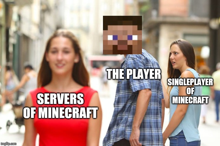 Minecraft | THE PLAYER; SINGLEPLAYER OF MINECRAFT; SERVERS OF MINECRAFT | image tagged in memes,distracted boyfriend | made w/ Imgflip meme maker