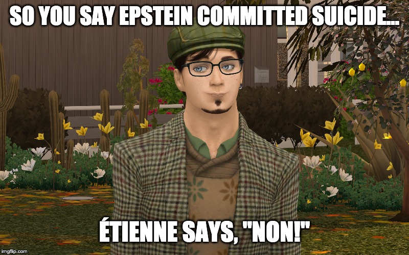 Epstein Didn't Kill Himself...Duh... | SO YOU SAY EPSTEIN COMMITTED SUICIDE... ÉTIENNE SAYS, "NON!" | image tagged in jeffrey epstein,etienne,sims 4,conspiracy theory | made w/ Imgflip meme maker