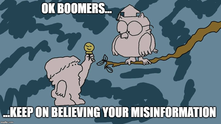 Mr Owl | OK BOOMERS... ...KEEP ON BELIEVING YOUR MISINFORMATION | image tagged in mr owl | made w/ Imgflip meme maker