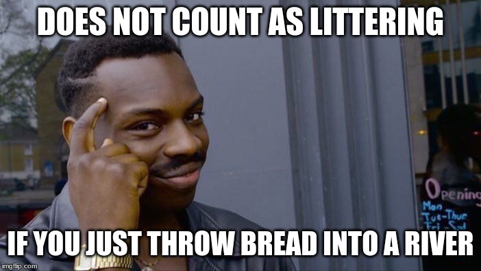 Roll Safe Think About It Meme | DOES NOT COUNT AS LITTERING; IF YOU JUST THROW BREAD INTO A RIVER | image tagged in memes,roll safe think about it | made w/ Imgflip meme maker