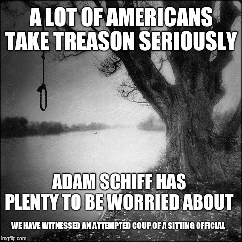 schiff treason | A LOT OF AMERICANS TAKE TREASON SERIOUSLY; ADAM SCHIFF HAS PLENTY TO BE WORRIED ABOUT; WE HAVE WITNESSED AN ATTEMPTED COUP OF A SITTING OFFICIAL | image tagged in hangman river,schiff,treason,coup | made w/ Imgflip meme maker