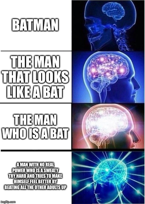 Expanding Brain | BATMAN; THE MAN THAT LOOKS LIKE A BAT; THE MAN WHO IS A BAT; A MAN WITH NO REAL POWER WHO IS A SWEATY TRY HARD AND TRIES TO MAKE HIMSELF FEEL BETTER BY BEATING ALL THE OTHER ADULTS UP | image tagged in memes,expanding brain | made w/ Imgflip meme maker