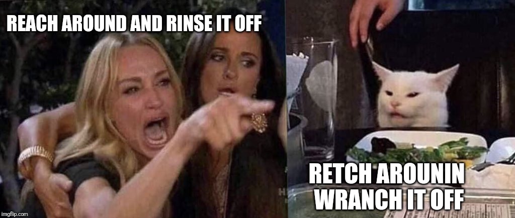 woman yelling at cat | REACH AROUND AND RINSE IT OFF; RETCH AROUNIN 
WRANCH IT OFF | image tagged in woman yelling at cat | made w/ Imgflip meme maker