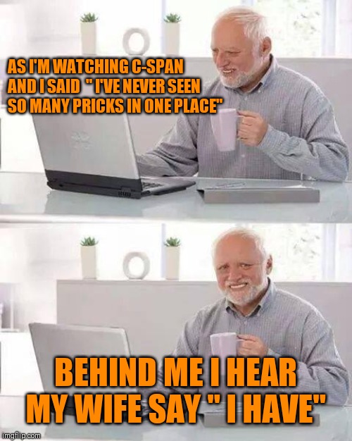Hide the Pain Harold | AS I'M WATCHING C-SPAN AND I SAID  " I'VE NEVER SEEN SO MANY PRICKS IN ONE PLACE"; BEHIND ME I HEAR MY WIFE SAY " I HAVE" | image tagged in memes,hide the pain harold | made w/ Imgflip meme maker