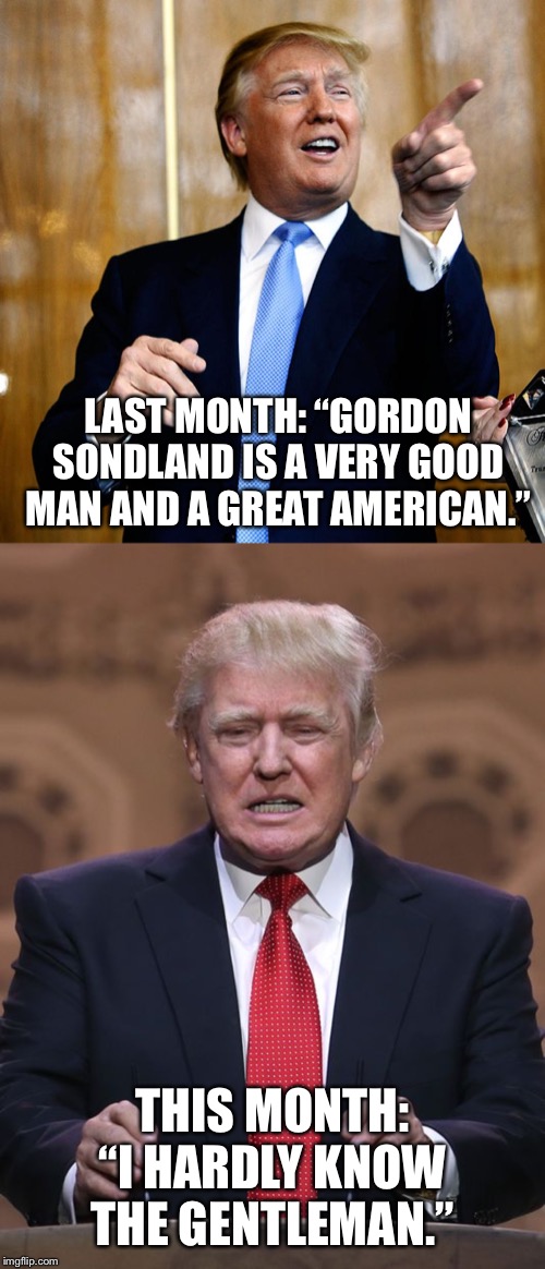 Hmmm I wonder if Sondland’s testimony changed things. ? | LAST MONTH: “GORDON SONDLAND IS A VERY GOOD MAN AND A GREAT AMERICAN.”; THIS MONTH: “I HARDLY KNOW THE GENTLEMAN.” | image tagged in donald trump,donal trump birthday | made w/ Imgflip meme maker