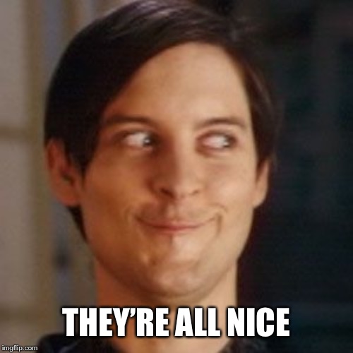 Tobey Maguire silly | THEY’RE ALL NICE | image tagged in tobey maguire silly | made w/ Imgflip meme maker