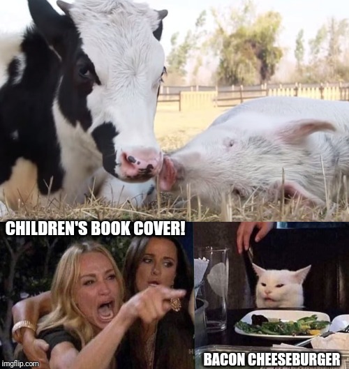 CHILDREN'S BOOK COVER! BACON CHEESEBURGER | image tagged in woman yelling at cat | made w/ Imgflip meme maker