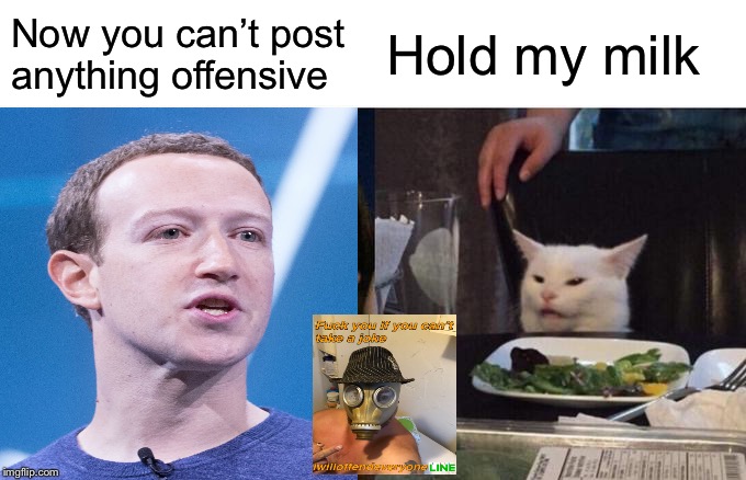 Now you can’t post anything offensive; Hold my milk | image tagged in woman yelling at cat | made w/ Imgflip meme maker