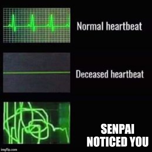 Y u no notice me Senpai!? | SENPAI NOTICED YOU | image tagged in heartbeat rate,notice me senpai,senpai | made w/ Imgflip meme maker