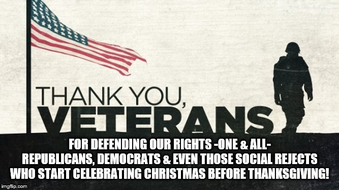 FOR DEFENDING OUR RIGHTS -ONE & ALL- REPUBLICANS, DEMOCRATS & EVEN THOSE SOCIAL REJECTS WHO START CELEBRATING CHRISTMAS BEFORE THANKSGIVING! | image tagged in veterans day | made w/ Imgflip meme maker