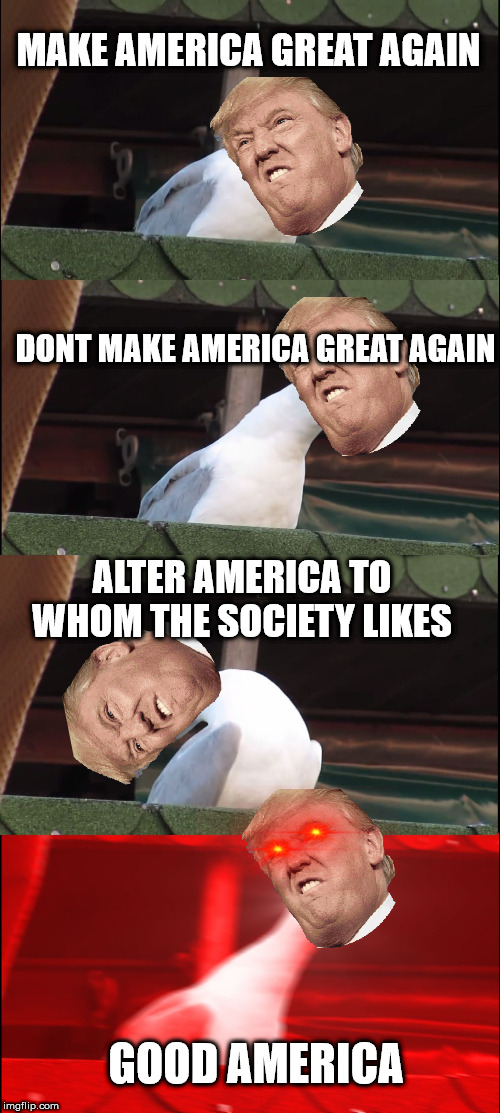 Inhaling Seagull Meme | MAKE AMERICA GREAT AGAIN; DONT MAKE AMERICA GREAT AGAIN; ALTER AMERICA TO WHOM THE SOCIETY LIKES; GOOD AMERICA | image tagged in memes,inhaling seagull | made w/ Imgflip meme maker