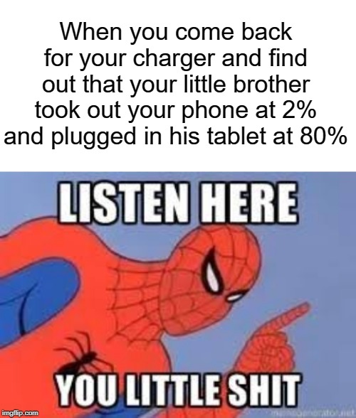 That stinky little brother | When you come back for your charger and find out that your little brother took out your phone at 2% and plugged in his tablet at 80% | image tagged in blank white template,now listen here you little shit,funny,phone,charger,memes | made w/ Imgflip meme maker