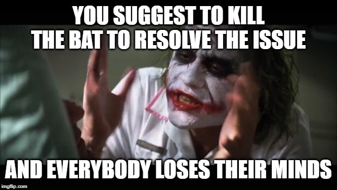 And everybody loses their minds Meme | YOU SUGGEST TO KILL THE BAT TO RESOLVE THE ISSUE AND EVERYBODY LOSES THEIR MINDS | image tagged in memes,and everybody loses their minds | made w/ Imgflip meme maker